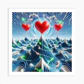 3 Dimensional Mountains With Multiple Green Lightning And White Swirls In A Vortex Of 3 Red Hearts 3 Art Print