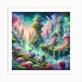 A Surreal And Whimsical Landscape, Filled With Vibrant Colors And Intricate Details Art Print