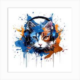 Cat With Headphones Art Print