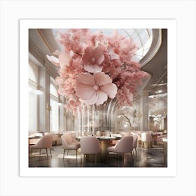 Pink Flowers In A Restaurant Art Print