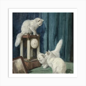 Three Cats In Front Of A Clock Art Print