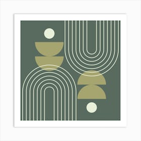 Mid Century Modern Geometric Abstract Rainbow, Sun and Moon Phases in Greenery Sage Green Art Print
