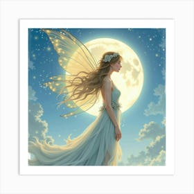 Elegant Faerie With A Moonlit Veil, Watercolor 1 Art Print