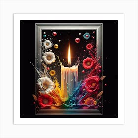 A lit candle inside a picture frame surrounded by flowers Art Print