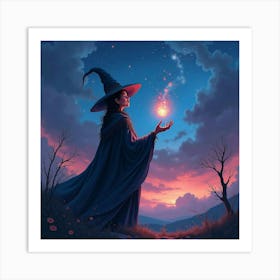 Black Magic Mage In A Vivid Watercolor Night 1 Art Print