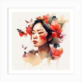 Watercolor Floral Asian Woman #5 Art Print