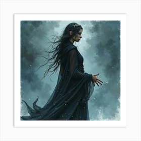 Black Magic Enchantress With A Watercolor Stormy Scene 1 Art Print