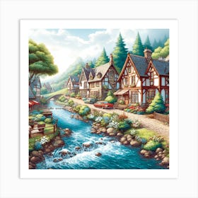 Stunning Painting Of A Village By A River Art Print