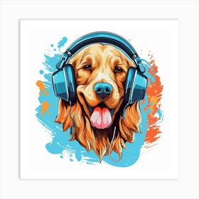 Golden Retriever with Headphones Art Print