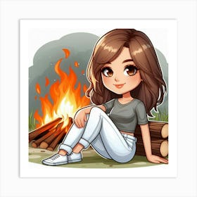 Girl Sitting By A Campfire Art Print