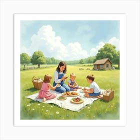 An English Countryside Picnic With Families Enjoying A Sunny Day In Watercolor 1 Art Print