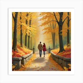 Autumn Couple Walking In The Park Art Print