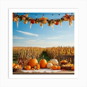 Autumnal Harvest Scene Capturing A Gourd Squash And Pumpkin Amongst A Field Of Corn Under A Cornfl (1) Affiche