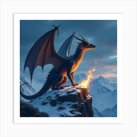 Ancient Dragon Perched Atop A Snowy Mountain, Fire Illuminating The Night 1 Art Print