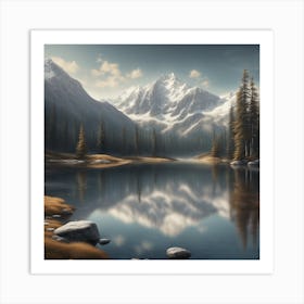 A Serene Mountain Lake Reflecting The Snow Capped Peaks Art Print