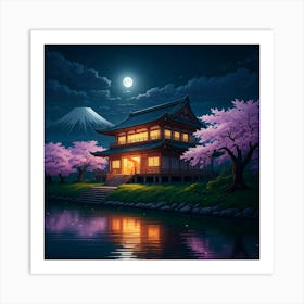 Japanese Pagoda At Night Art Print