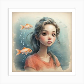 Girl With Fishes Art Print