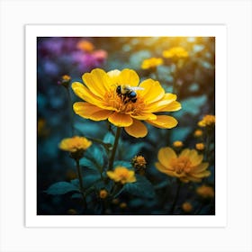 Bee On A Yellow Flower Art Print