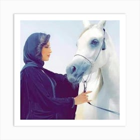 Beautiful Arab Woman With A White Horse Art Print