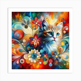 Cat With Flowers Art Print