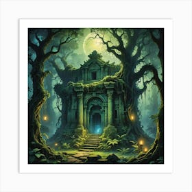 Ancient Temple Ruin In Forest At Night Art Print