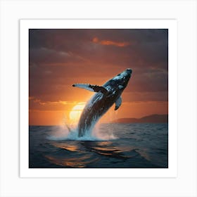 Humpback Whale Jumping At Sunset Art Print