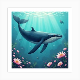 Whale Swimming With Sea Lilies 1 Art Print