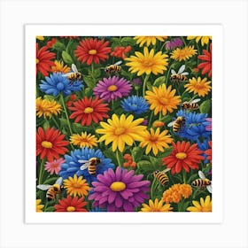 Bees And Flowers Art Print