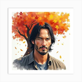 Watercolor Portrait Of Keanu Reeves Under A Vibrant Autumn Tree 1 Art Print