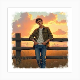 Justin Bieber Leaning Against A Rustic Fence, Watercolor Sunset Behind Him Art Print