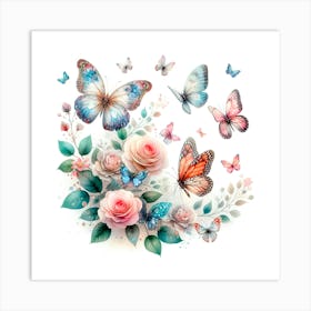 Butterfly And Roses 1 Art Print