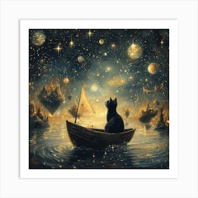 Cat Sailing Starry Sea Fantasy 9 Art Print