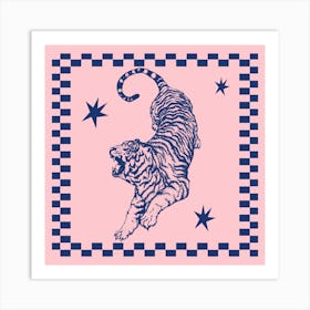 Tiger On Pink | Retro Tiger with Checkerboard Border 1 Art Print