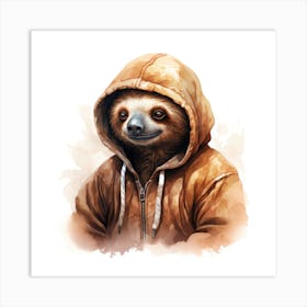 Watercolour Cartoon Sloth In A Hoodie 2 Art Print