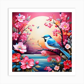 Bird On A Branch, A Bright Toned Design With Flowers And Leaves Trees And Birds A Beautiful And, Simple Picture , Wall art 1 Art Print