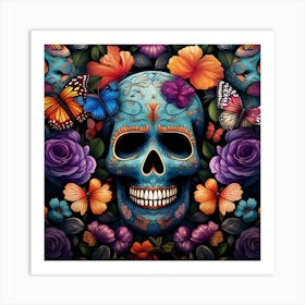 Day Of The Dead Skull With Butterflies And Flowers Art Print