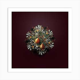 Vintage Wild European Pear Fruit Wreath on Wine Red n.0261 Art Print