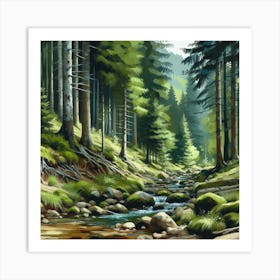 River In The Forest, Acrylic Painting Style Art Print