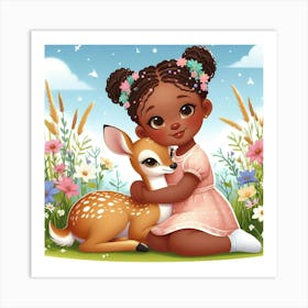 Little Black Girl With A Deer Art Print