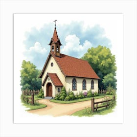 Quaint English Village Church, Watercolor With Picturesque Surroundings 1 Art Print