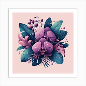 Scandinavian style, Purple orchid flower on tropical leaves 2 Art Print