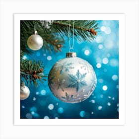 Closeup Of A Shiny White Bauble Adorned With Snowflakes Reflecting The Merry Lights Of A Festive Ch (6) 2 Art Print