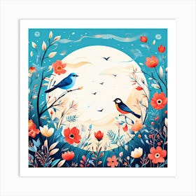 A Bright Toned Design With Flowers And Leaves Trees And Birds A Beautiful And Simple Picture Moonlight Background With Birds And Flowers Art Print