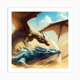 Two Dragons Fighting In The Desert Art Print