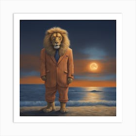 Lion In Beach Suit At Night, Downtown New York, By Vladimir Loz, In The Style Of Surrealistic Elemen Art Print