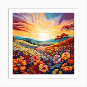 Sunset In The Field Of Flowers Art Print