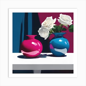 White Roses with Blue & Pink Ceramics Art Print