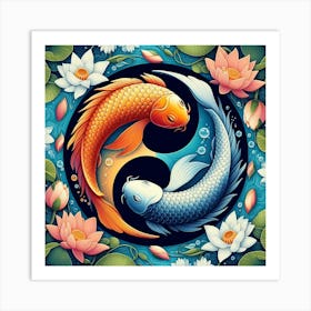 Coy Fish Yin Yang Flower Art Art Print