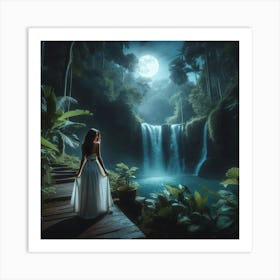 Beautiful Woman In The Forest At Night 1 Art Print