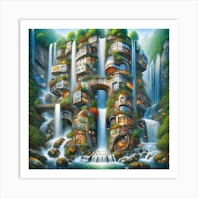 Inspired by the architectural fantasies of Friedensreich Hundertwasser: A gravity-defying building cascading down a waterfall, 2 Art Print